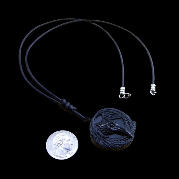 Obsidian Viking Raven Necklace with Genuine Hand Knotted Soft Black Leather Cord - Picture 4 of 10